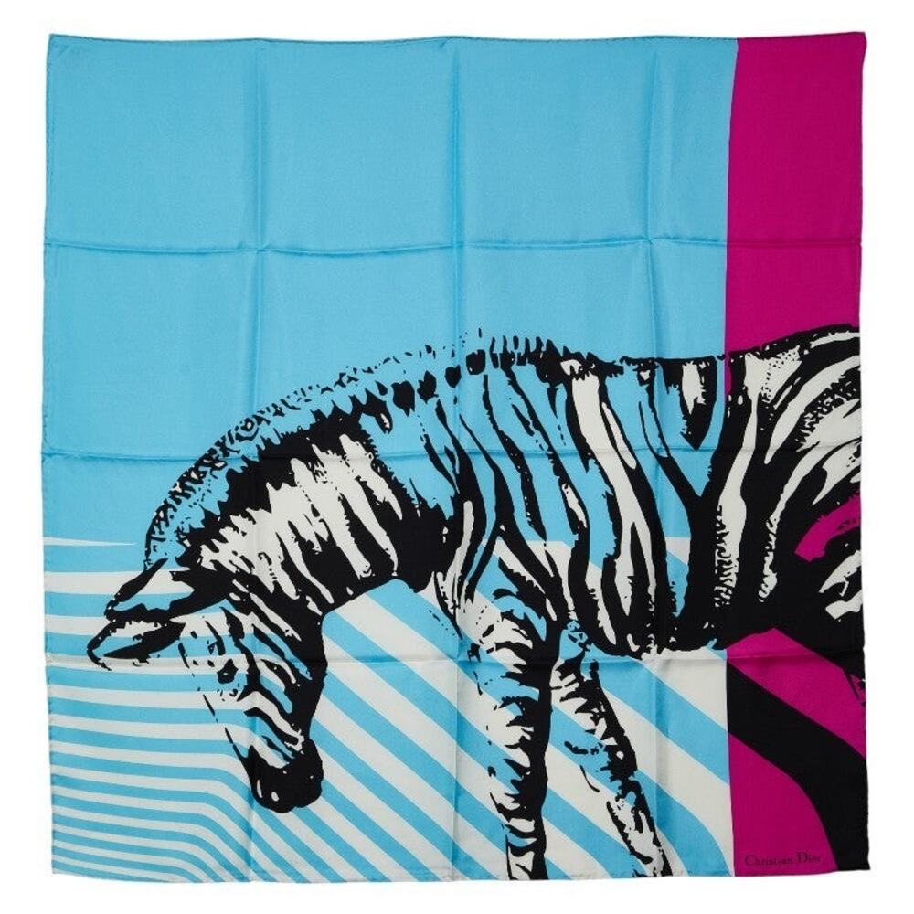 Dior Zebra Print Silk Scarf Light Blue